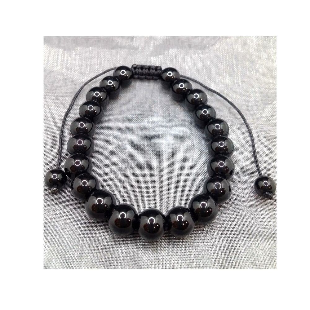 Black Obsidian Gemstone Bracelet Adjustable Macrame Sliding Knot Unisex Boho NEW